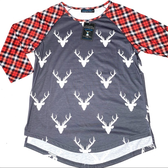 Charlie’s Project - Plaid Reindeer 3/4 sleeve Top - Picture 1 of 3